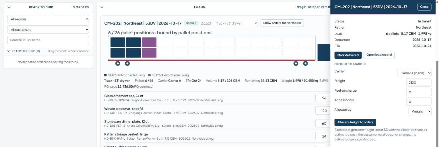 Load360 in NetSuite: freight cost allocated back to each sales order so gross profit includes shipping