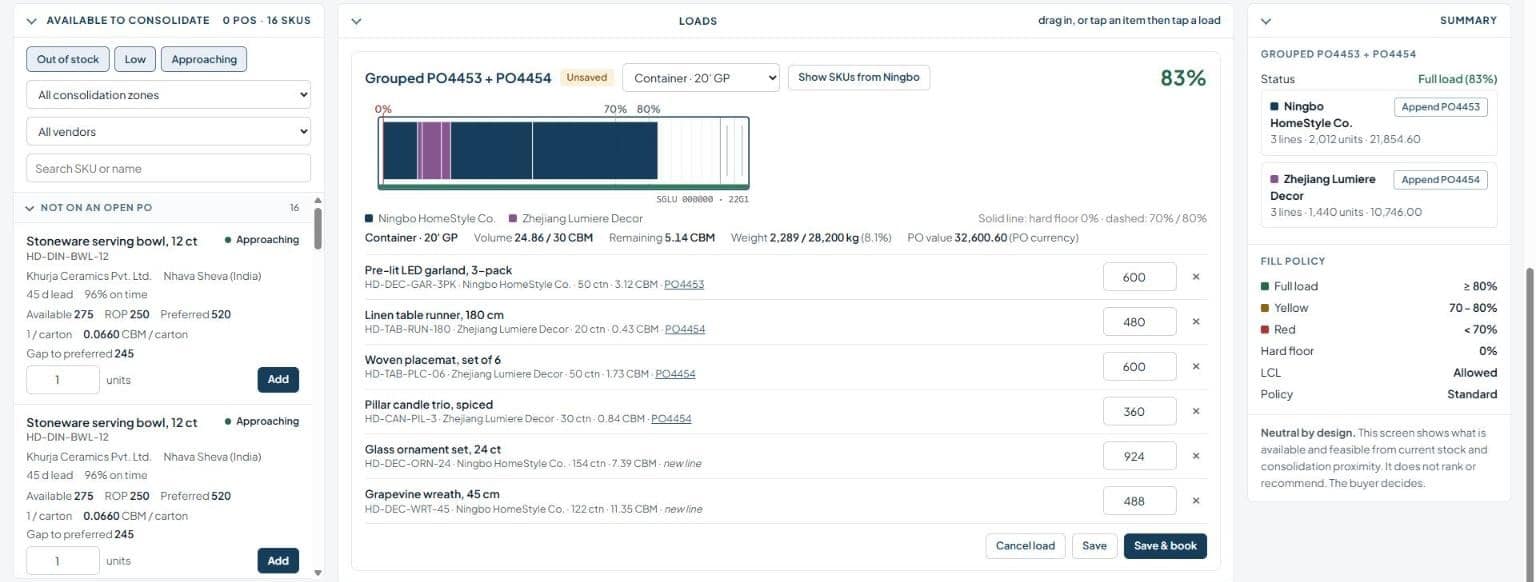 Load360 in NetSuite: 20-foot container built from two grouped purchase orders plus low-stock items, 83% full