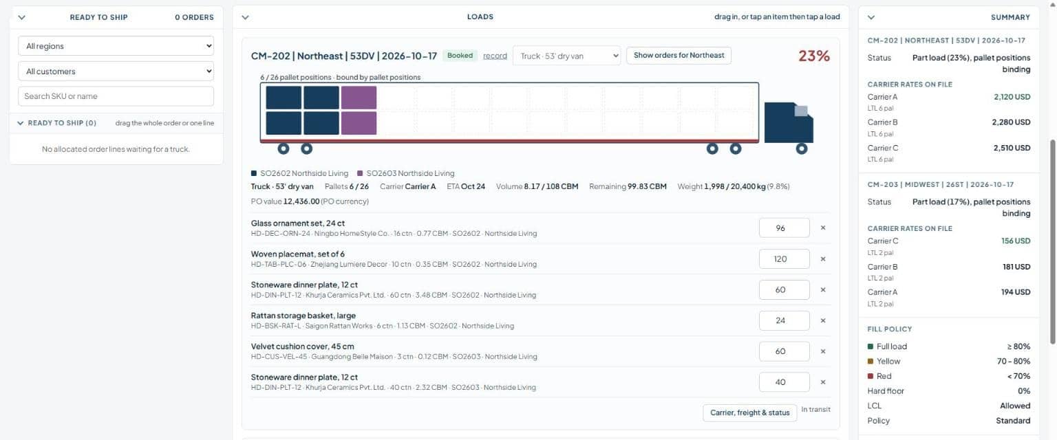 Load360 in NetSuite: 53-foot truck load by pallet position with carrier rates compared side by side